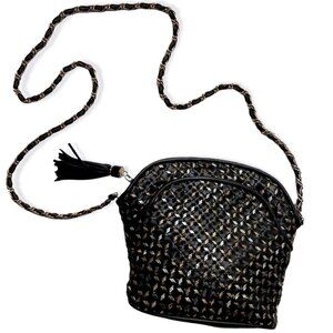 90s VTG Saddle River Black Purse Silver Gold Copper Weave Goldtone  Twist Strap